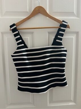 Cache Black and White Horizontal Stripe Square-Neck Crop Top